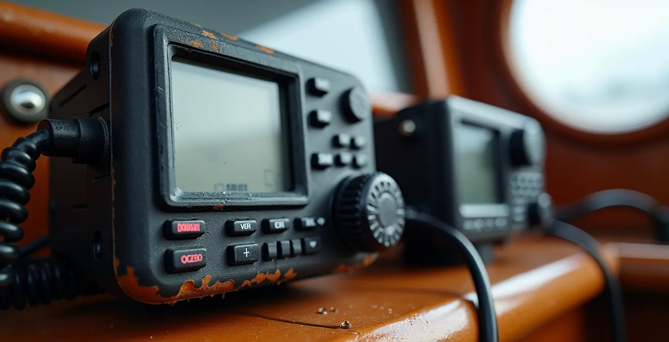VHF fixe installée et VHF portable étanche sur table de navigation