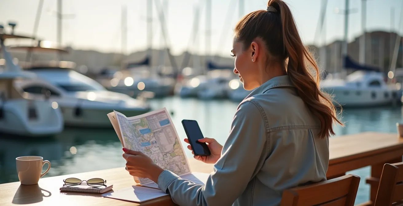 Personne consultant un plan de salon nautique avec smartphone et documents de préparation