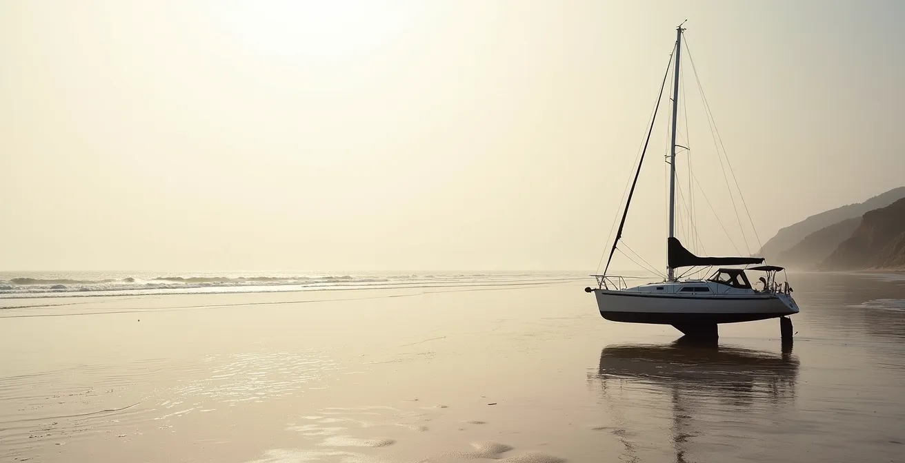 Voilier biquille échoué sur une plage de sable à marée basse en Bretagne