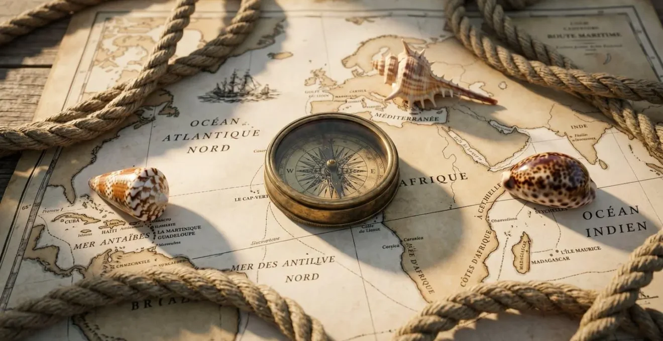 Boussole marine en laiton posée sur carte nautique ancienne avec coquillages marquant Méditerranée, Caraïbes et Océan Indien, cordages navals, lumière dorée latérale