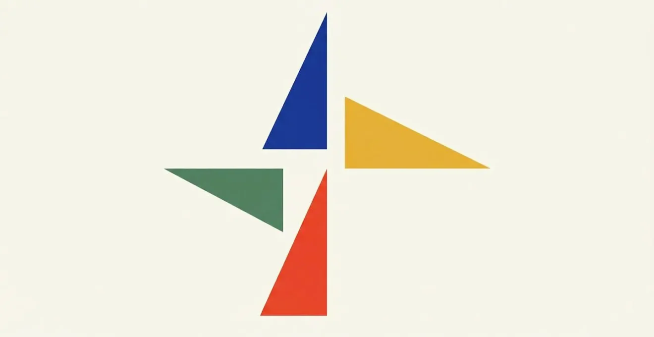 Composition abstraite géométrique de quatre voiles triangulaires colorées orientées vers les quatre directions cardinales sur fond blanc