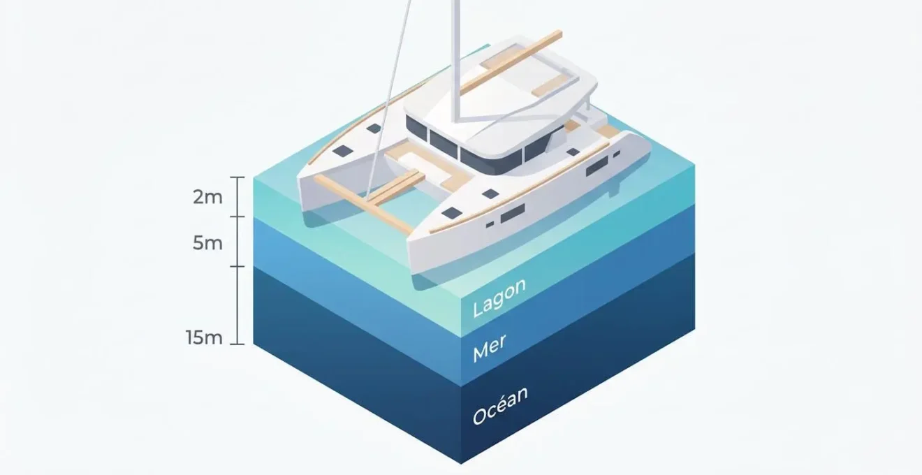 Illustration isométrique 3D d'un catamaran schématique au-dessus de trois strates d'eau de profondeurs différentes annotées en mètres